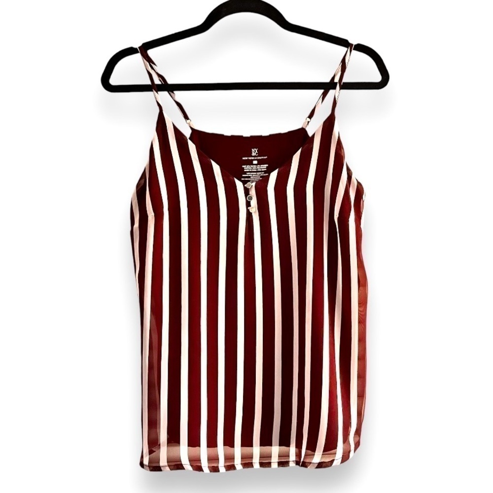 NY&C Button Front V-neck Chiffon Overlay Camisole Top - Maroon & White‌‌‌